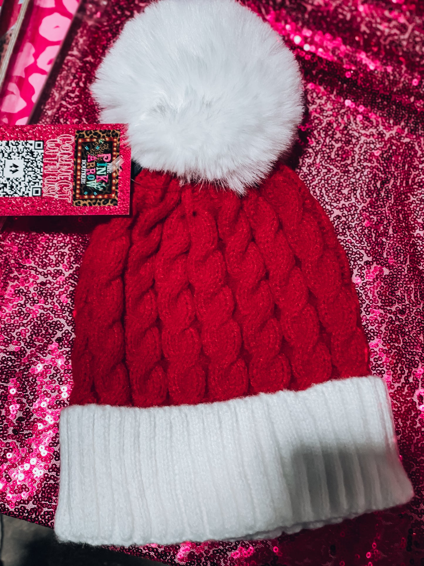 Red & White Pom Cable Knit Beanie