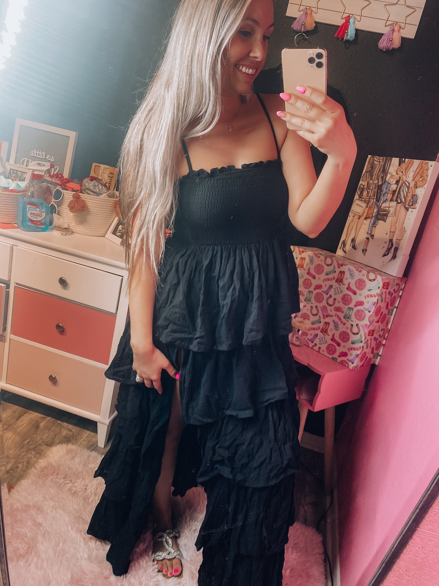 Black Gauze Smocked Top Ruffle Tiered Maxi Dress