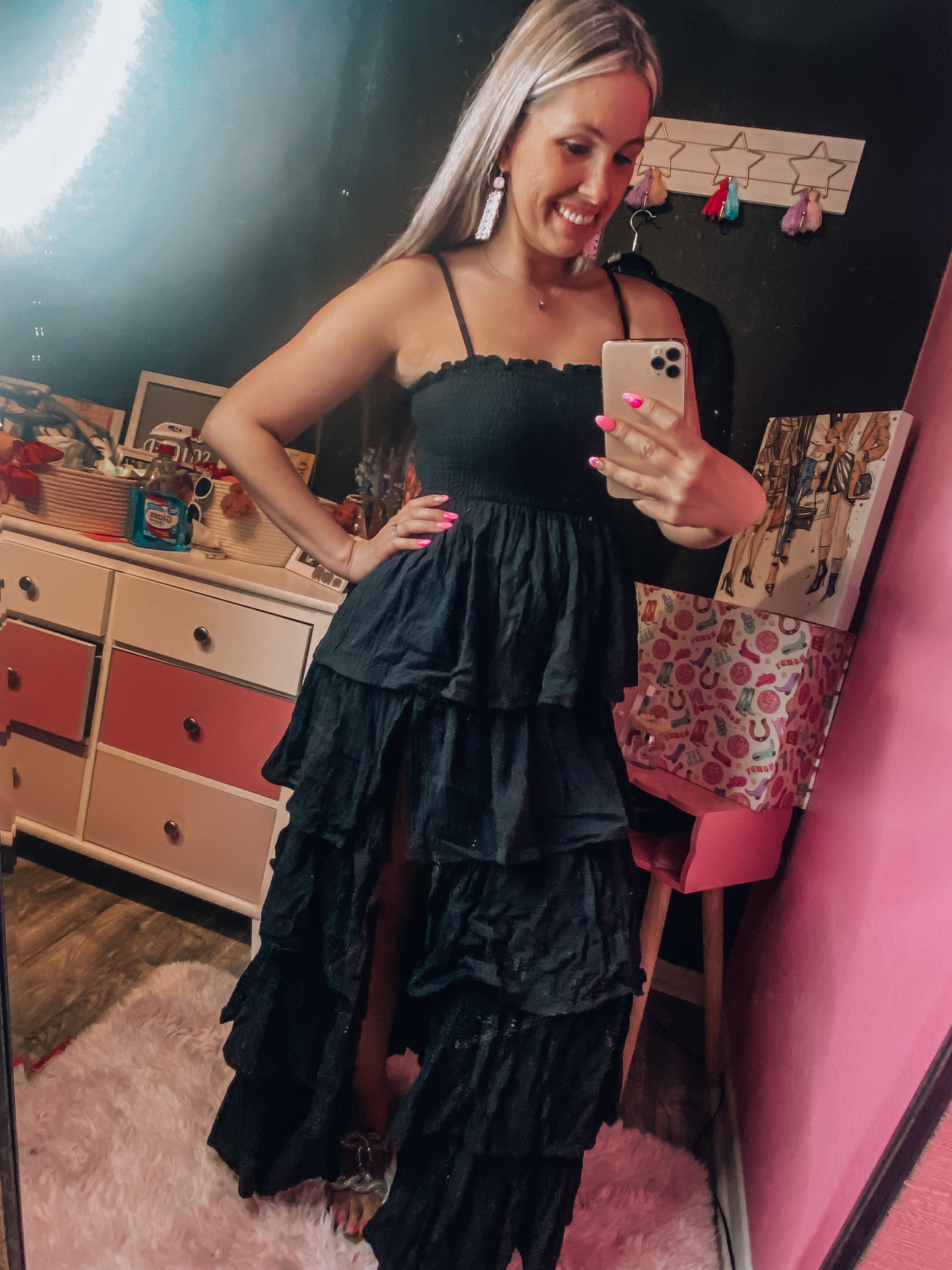 Black Gauze Smocked Top Ruffle Tiered Maxi Dress