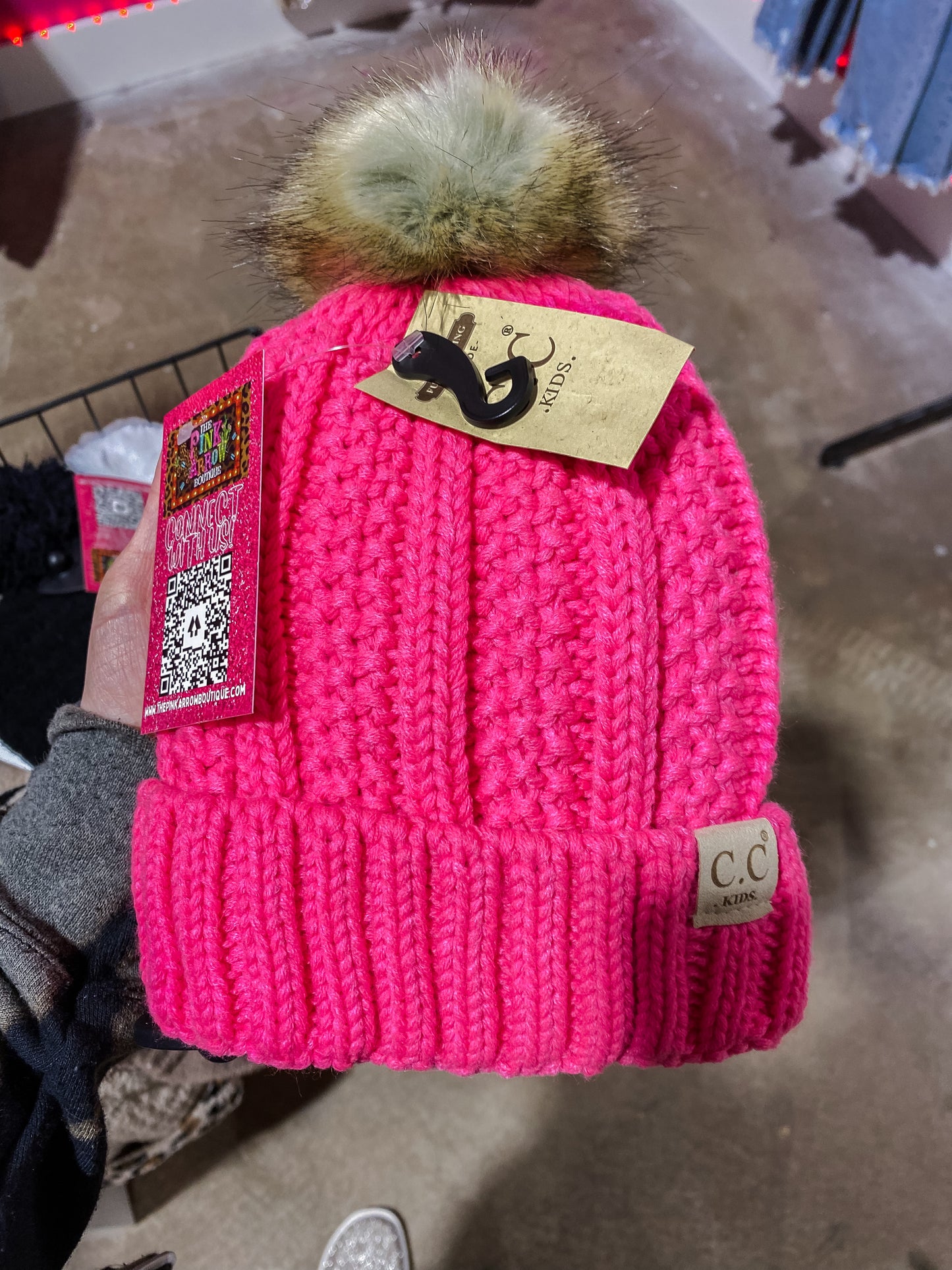 Kids Hot Pink Cable Knit Pom Beanie