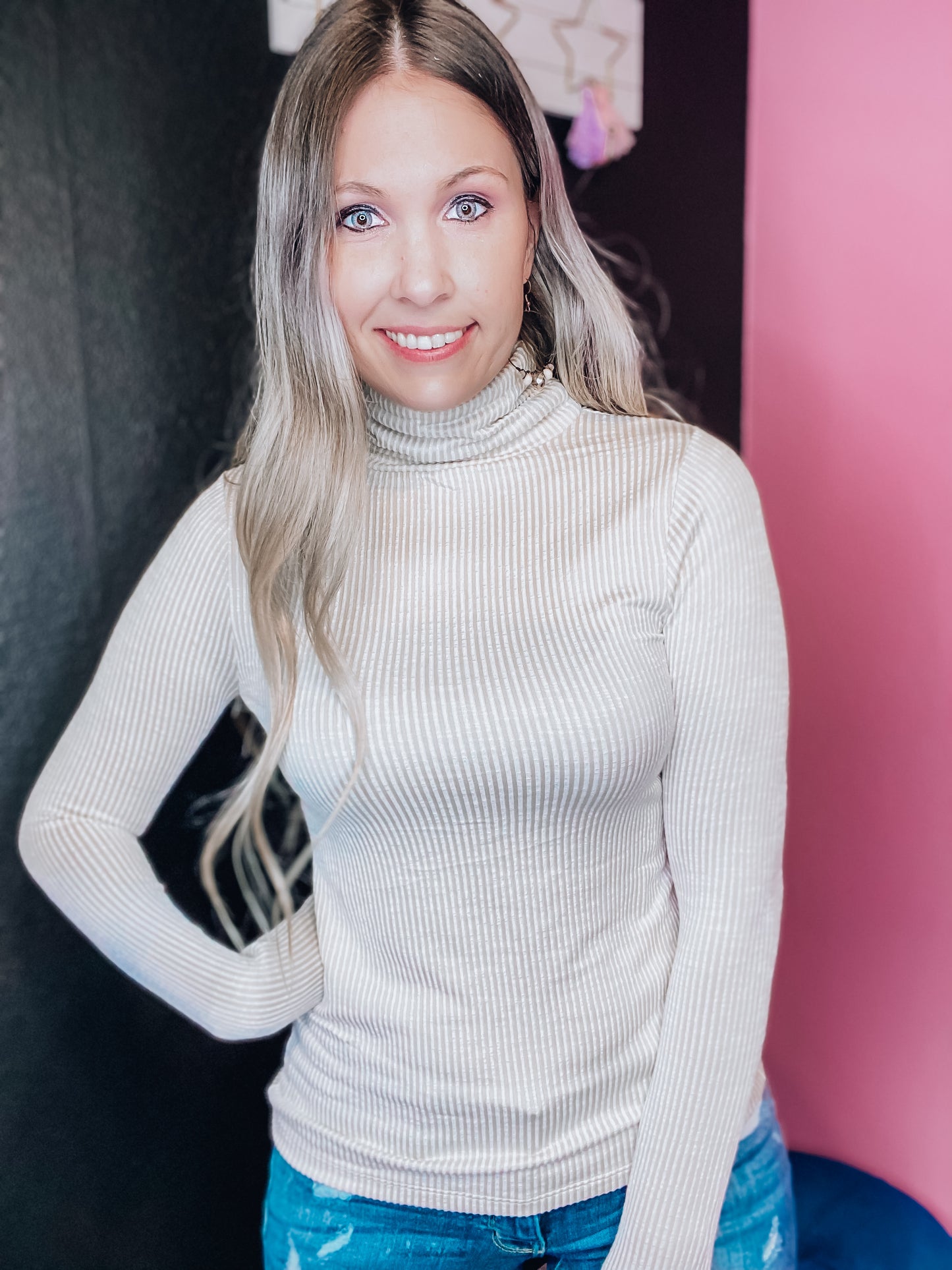 Candy Stripes Ribbed Turtle Neck - Sand Beige