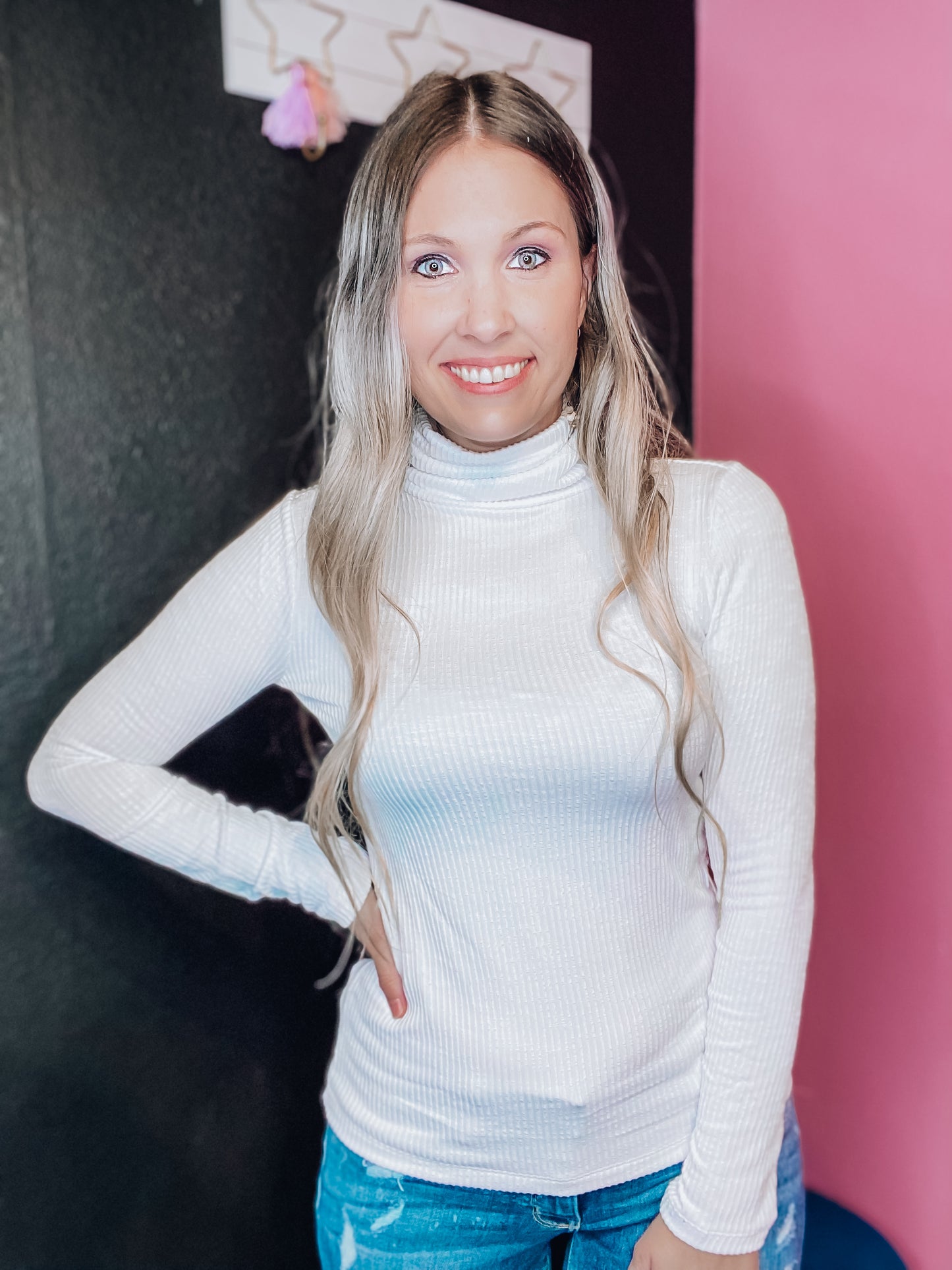 Candy Stripes Ribbed Turtle Neck - White