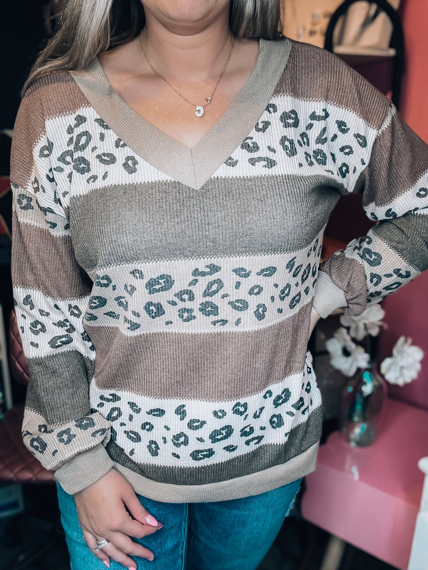 Mocha Cheetah Colorblock Striped Top