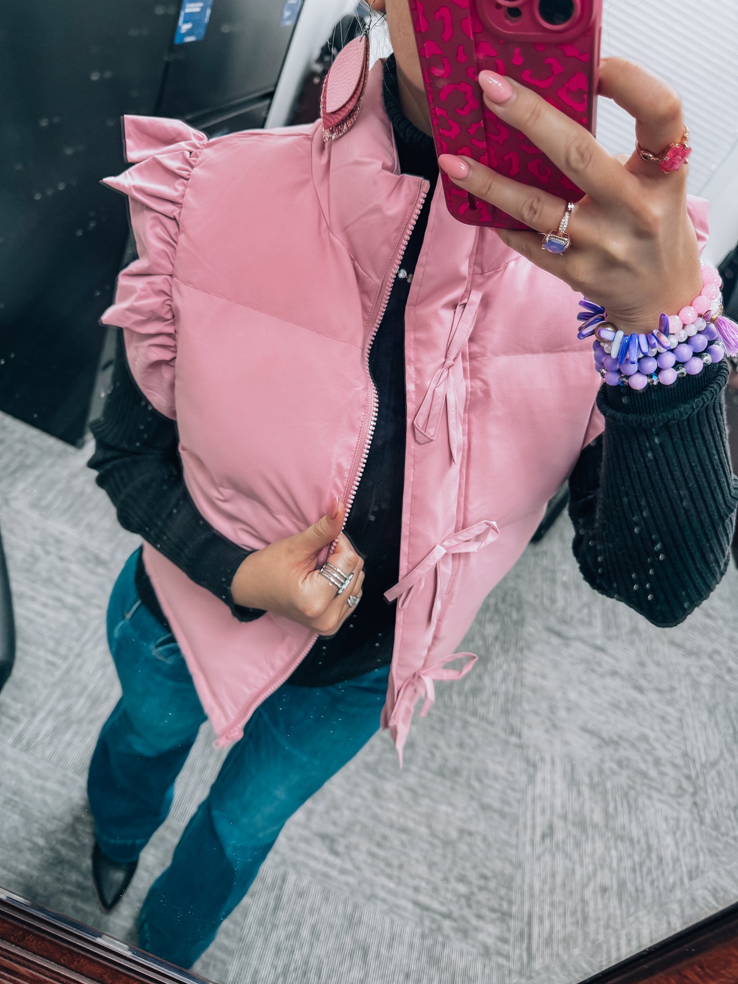 Muave Bow Ruffle Sleeve Puffer Vest