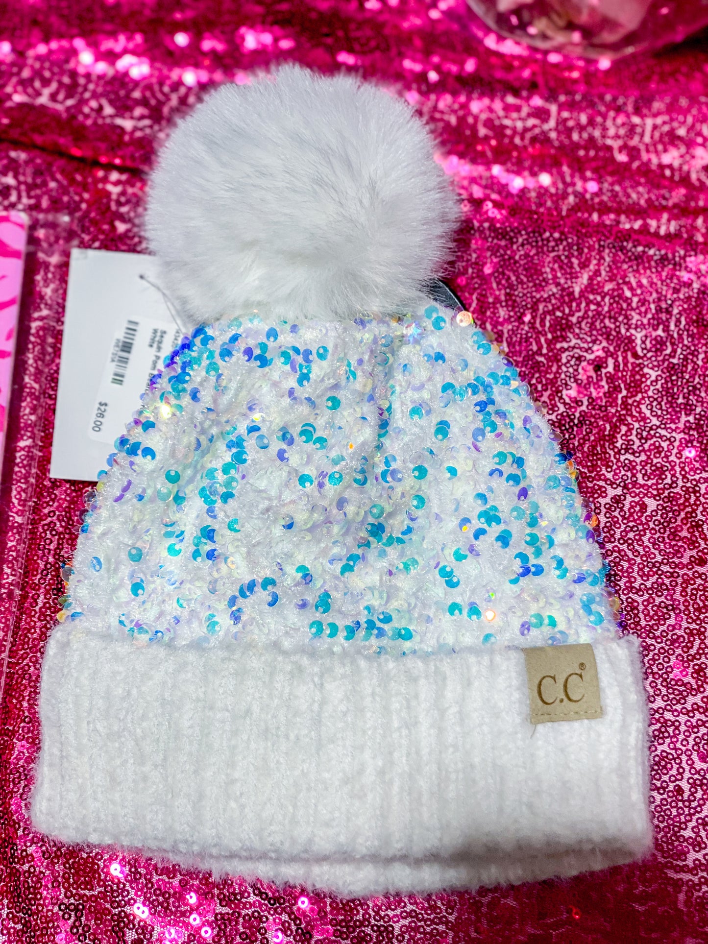 Sequin Pom Beanie - Adult White