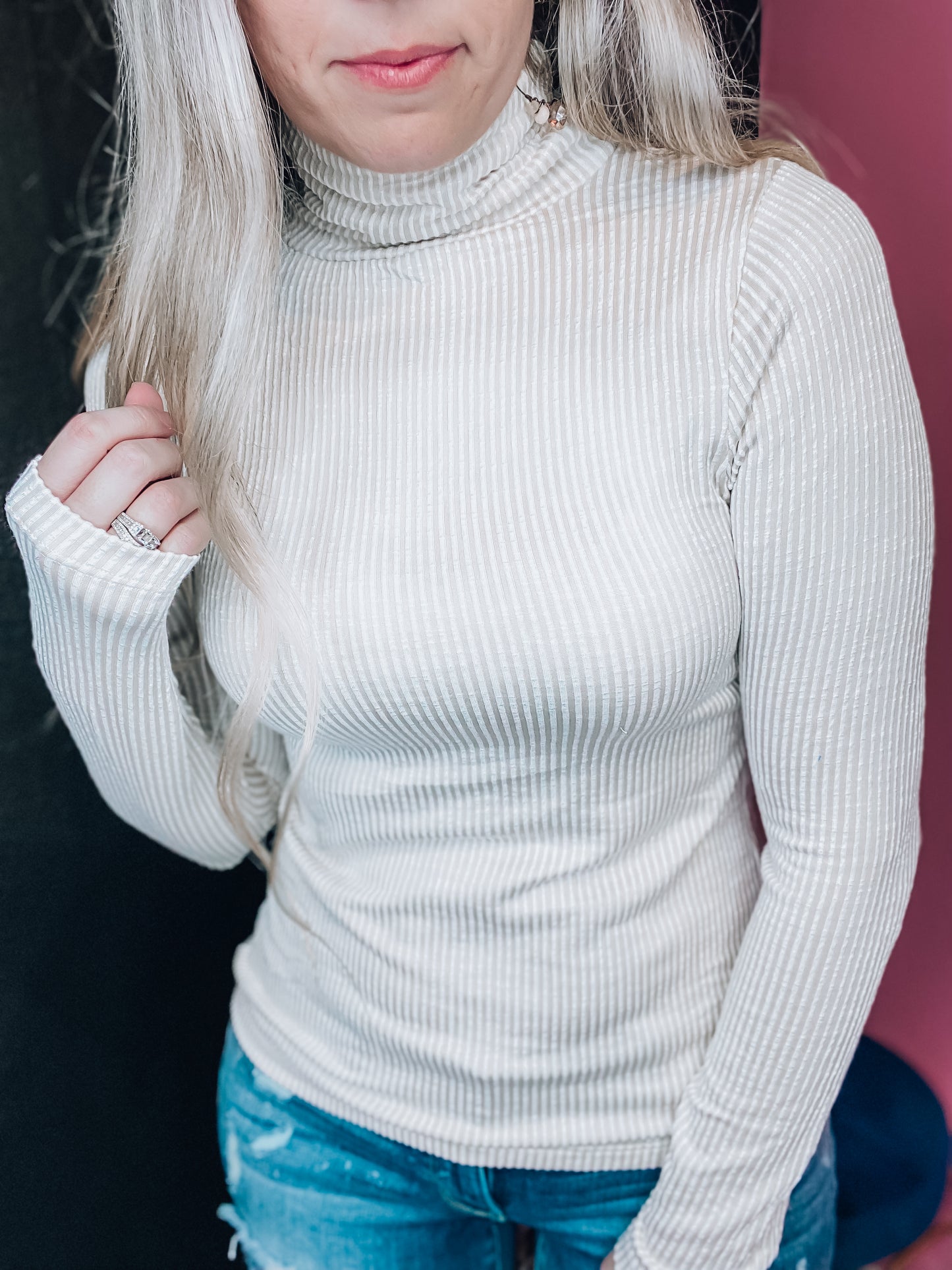 Candy Stripes Ribbed Turtle Neck - Sand Beige