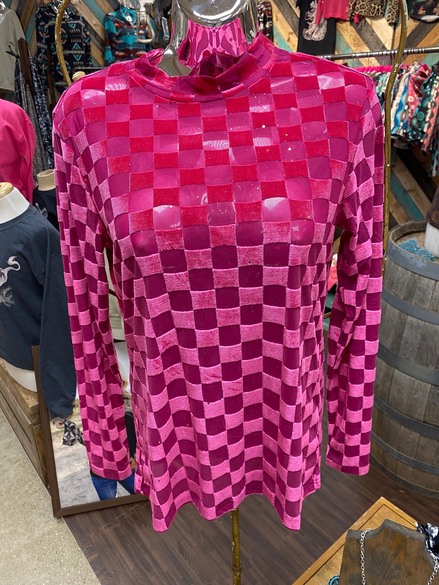 Pink Velvet Glitter Check Sheer Top