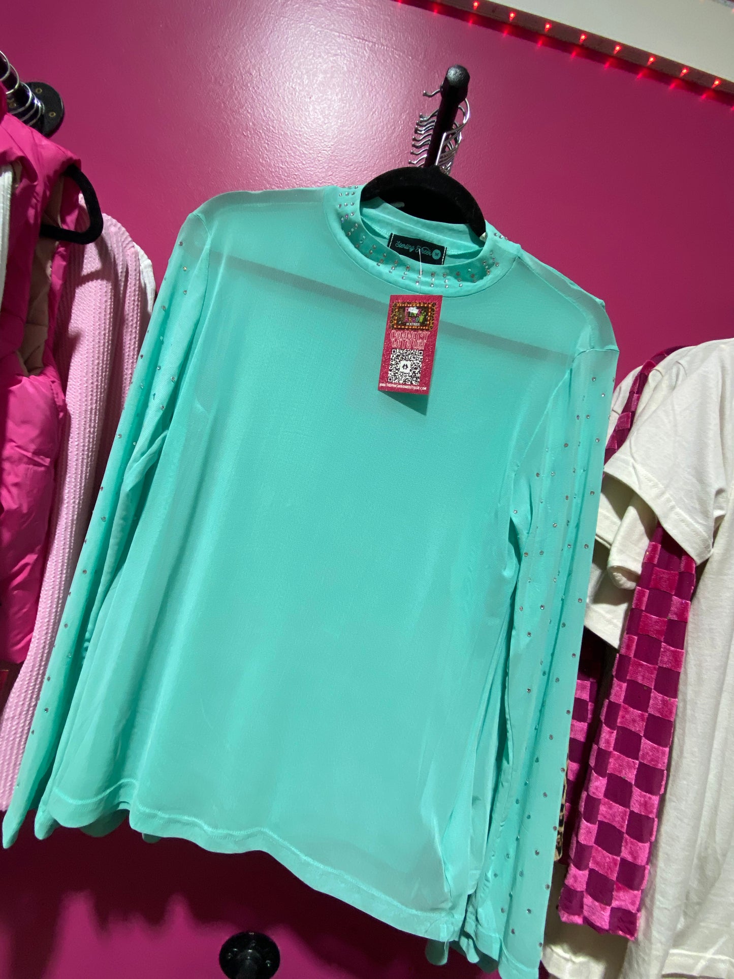 Turquoise Trouble Rhinestone Mesh Top