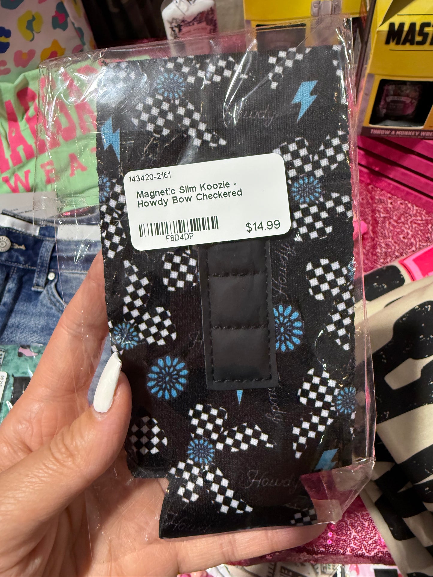 Magnetic Slim Koozie - Howdy Bow Checkered