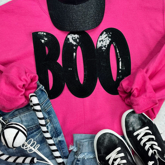 Black Sequins Boo Crewneck Pink Sweatshirt
