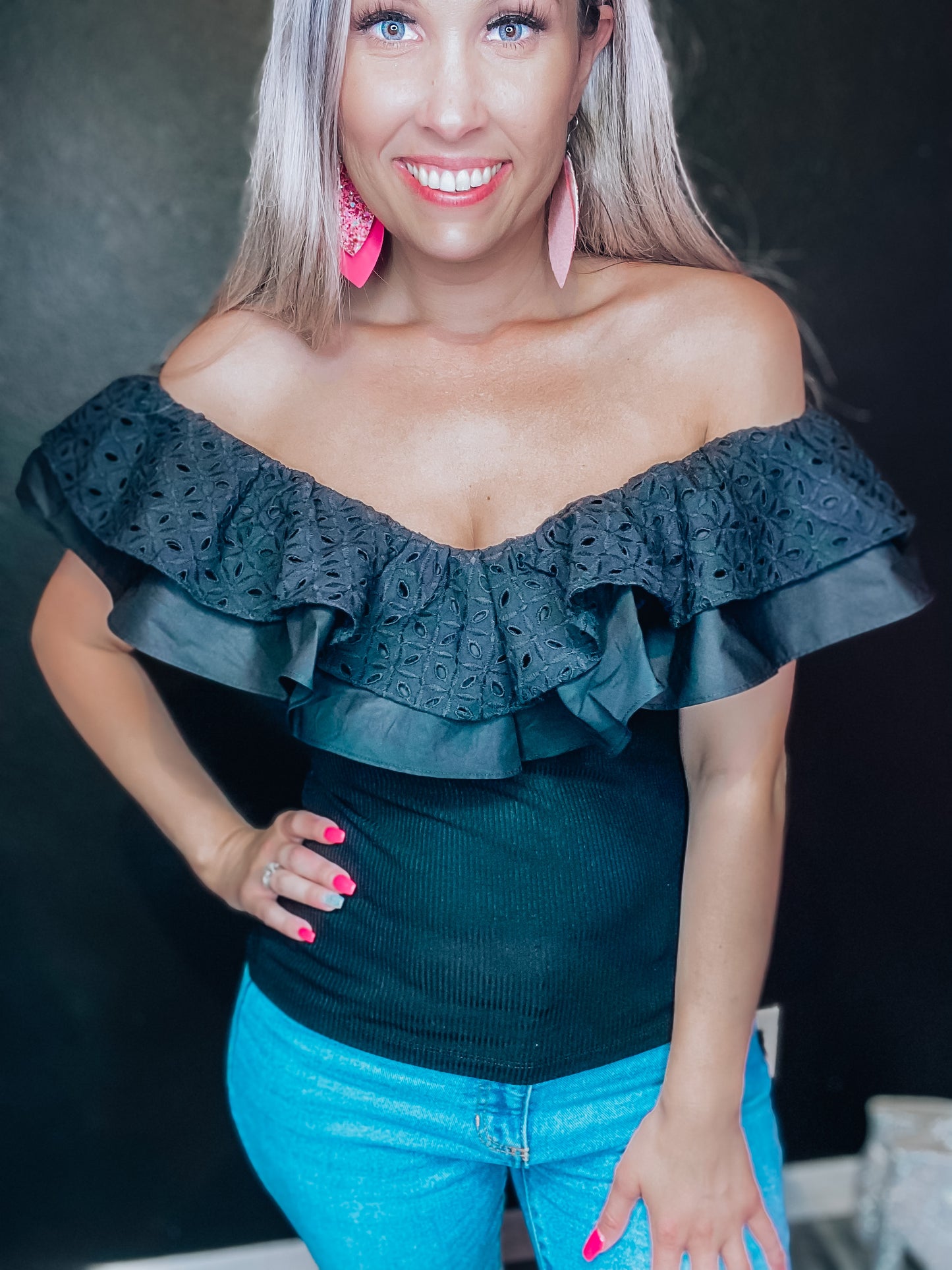 Eyelet Ruffle V-Neck Ribbed Top