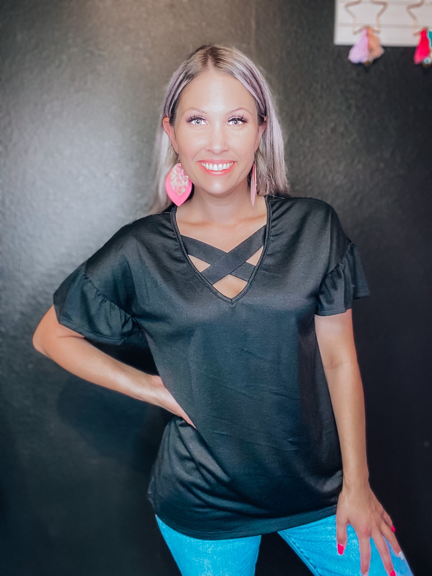 Black Criss Cross Ruffle Sleeve Top