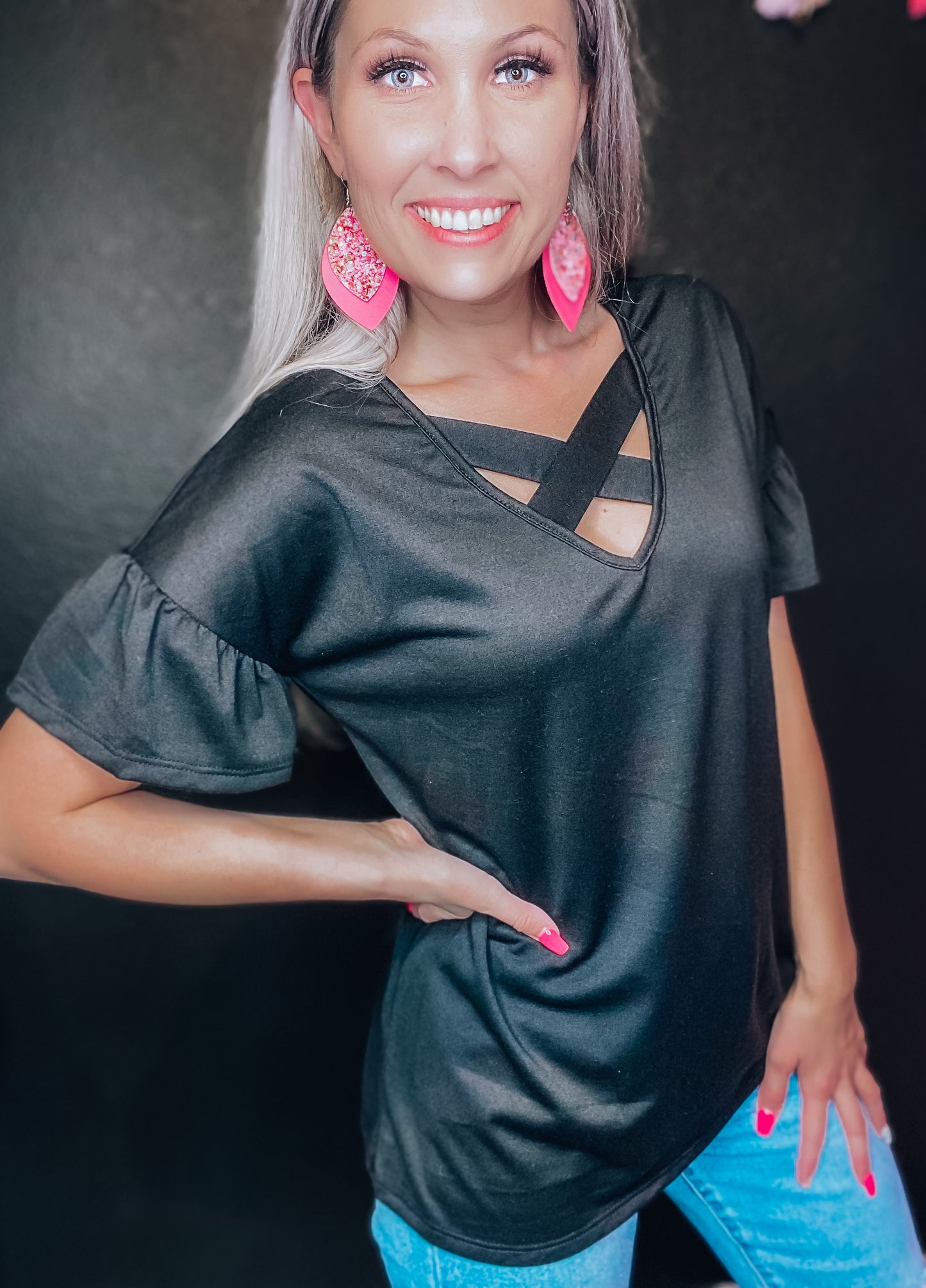 Black Criss Cross Ruffle Sleeve Top