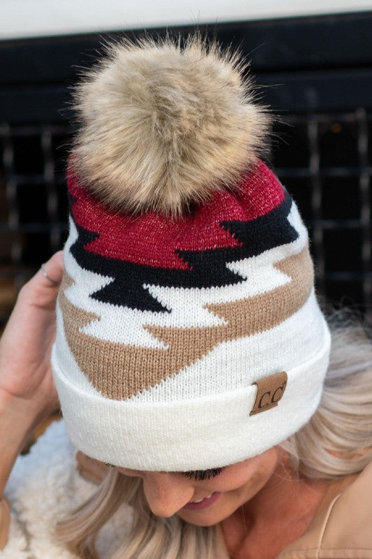 Adult Aztec Taupe Burgundy Pom Beanie