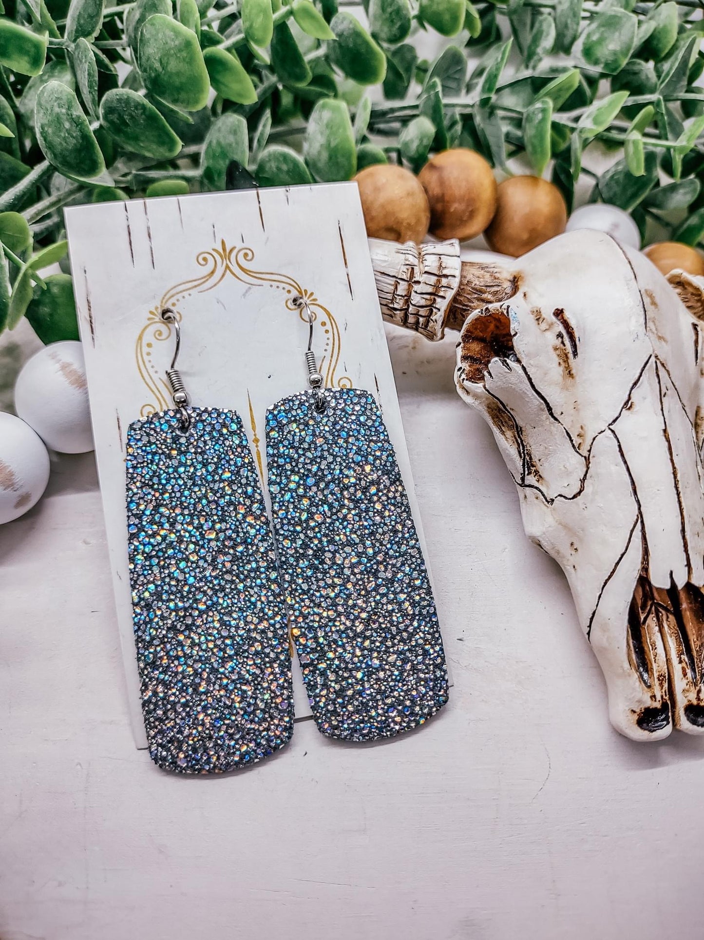 Metallic Gray Sparkle Wide Bar Earrings