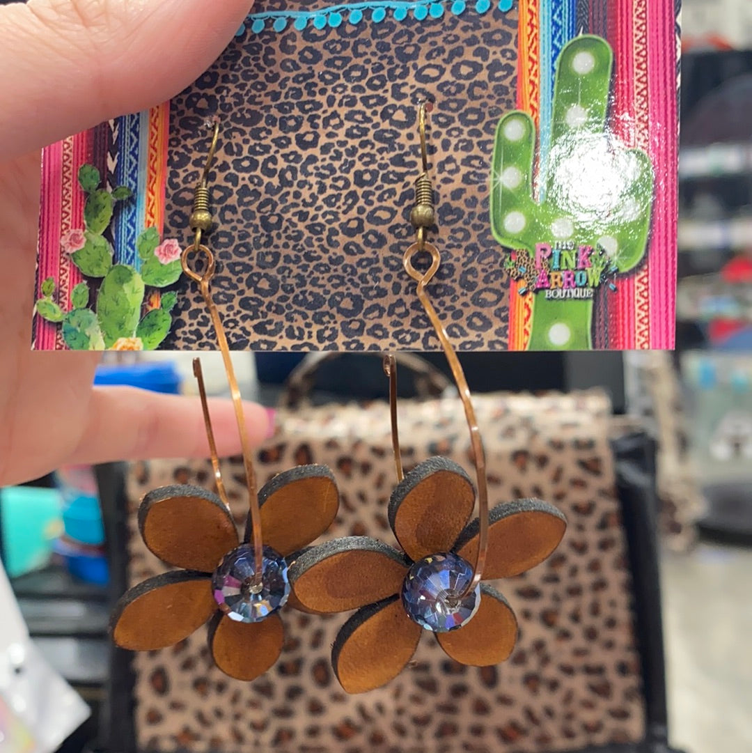 Leather Flower with Blue Crystal Earrings