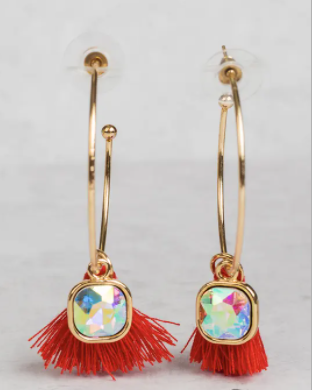 In The Loop Hoop Earrings Mini Tassel - Red