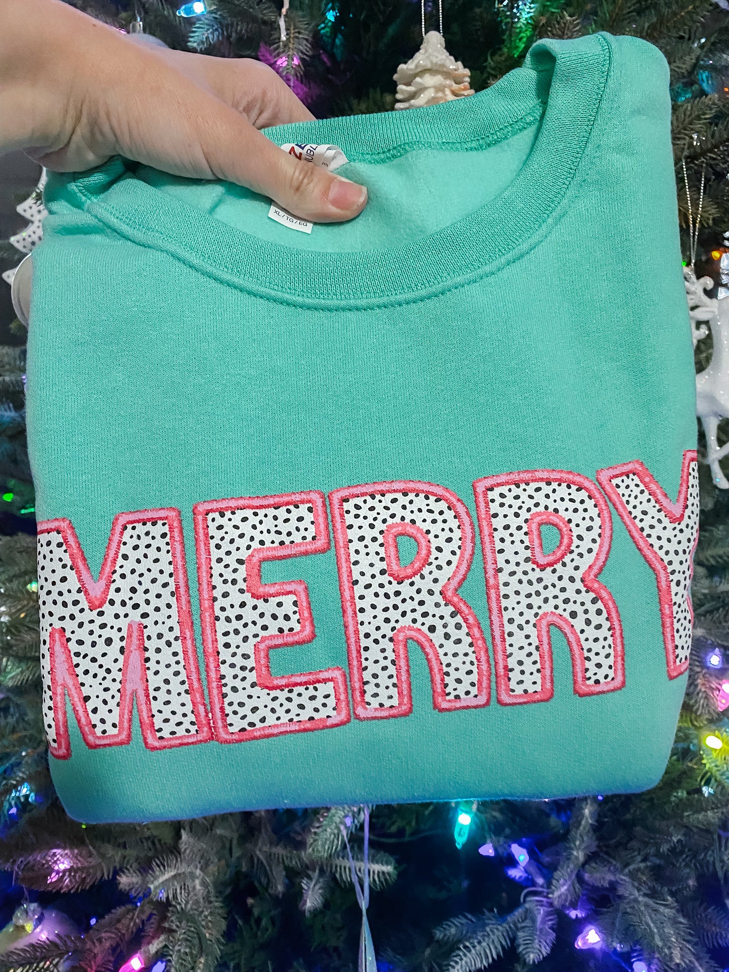 Faux Embroidered Merry Dot Crewneck - Seafoam