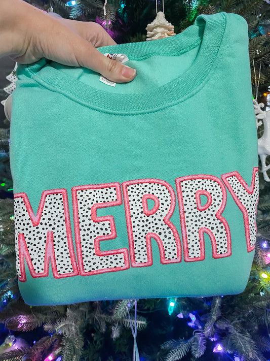 Faux Embroidered Merry Dot Crewneck - Seafoam - SMALL