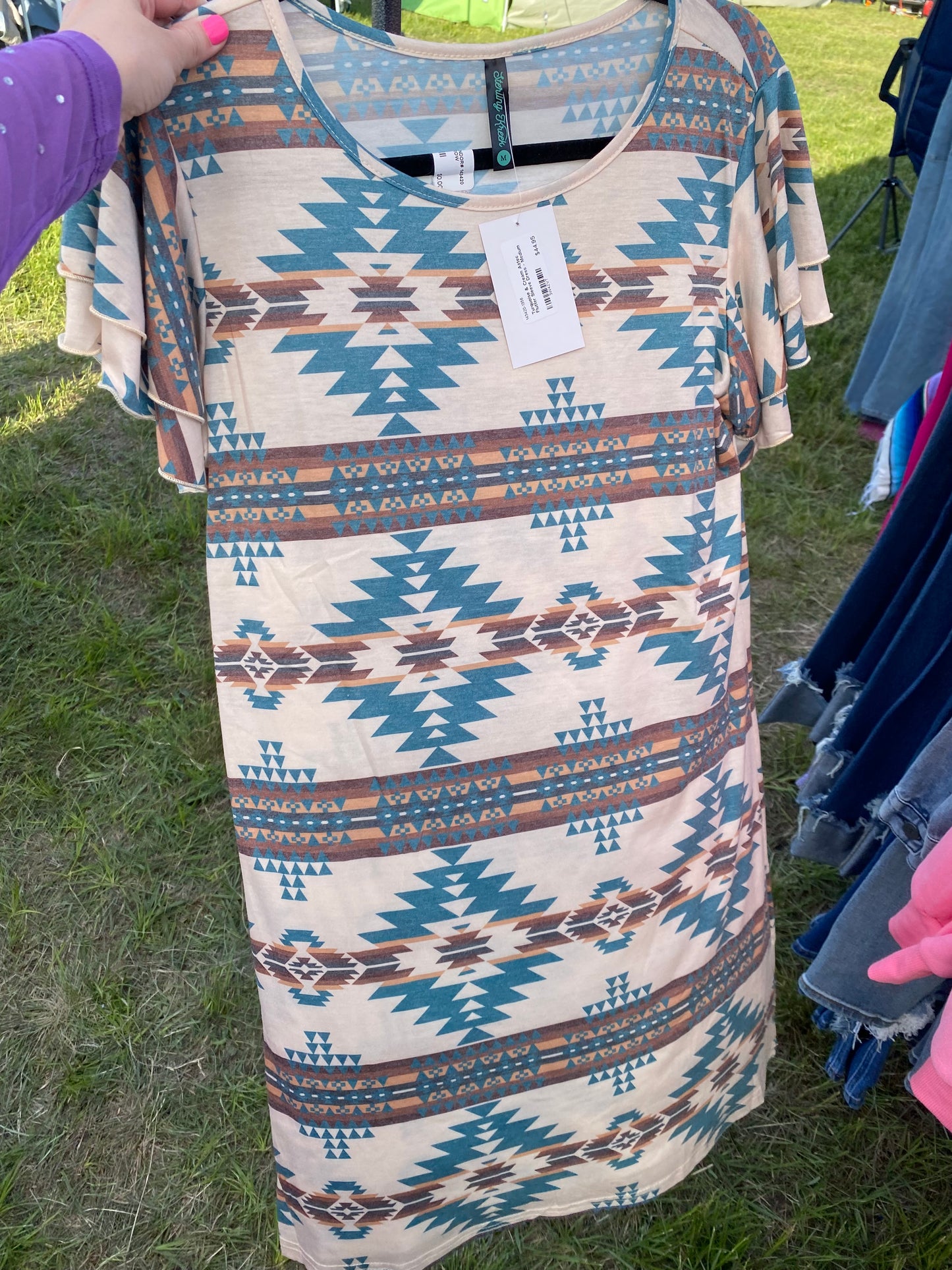 Turquoise & Cream Aztec Flutter Sleeve Dress
