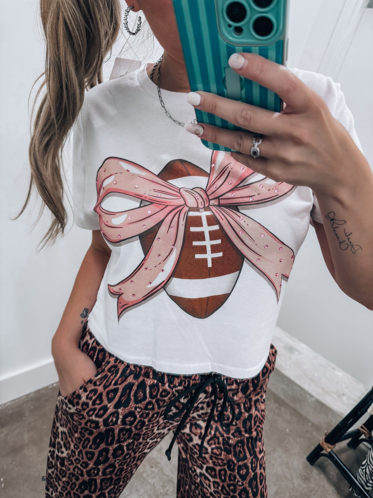 Rhinestone Football Pink Bow Cropped Tee