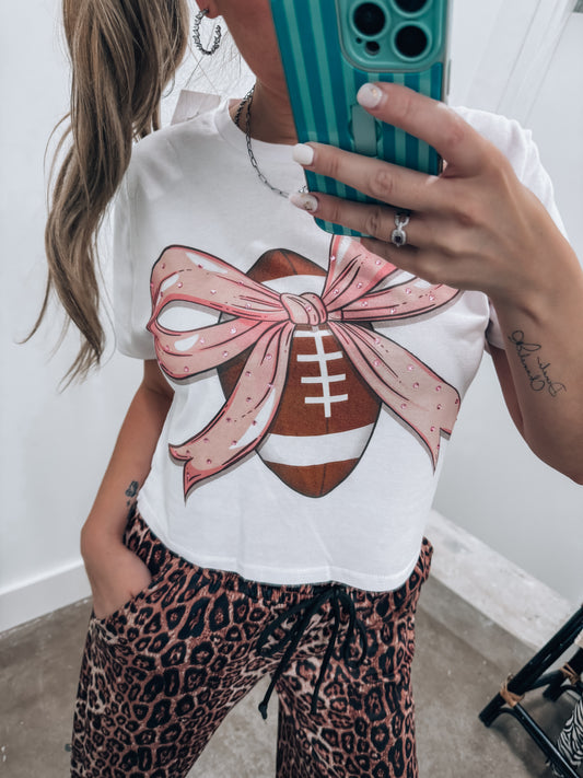 Rhinestone Football Pink Bow Cropped Tee