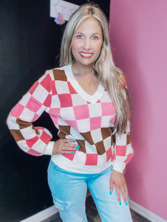 Pink & Tan Checkered Sweater