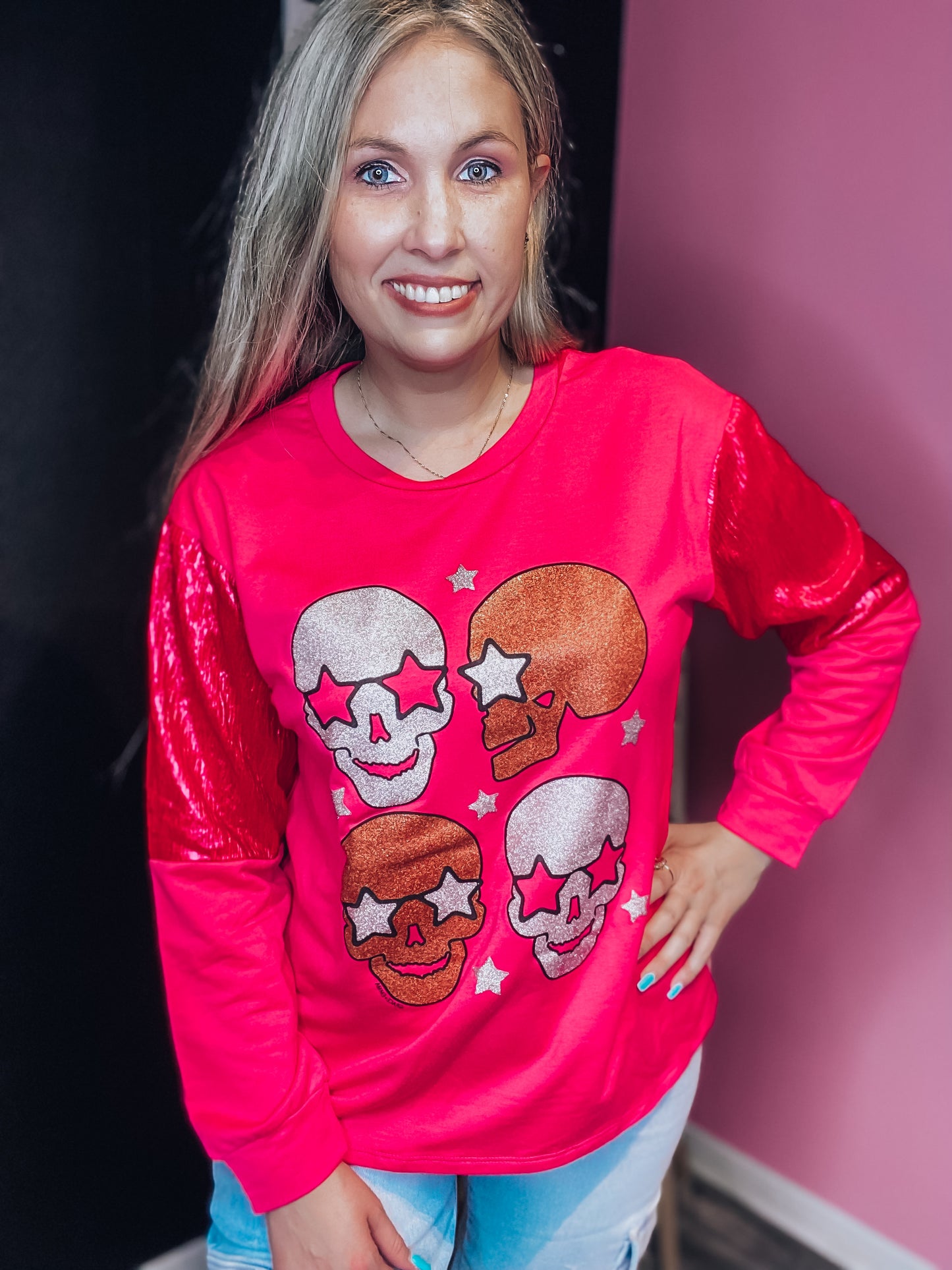 Hot Pink Shiny Skull Longsleeve Top