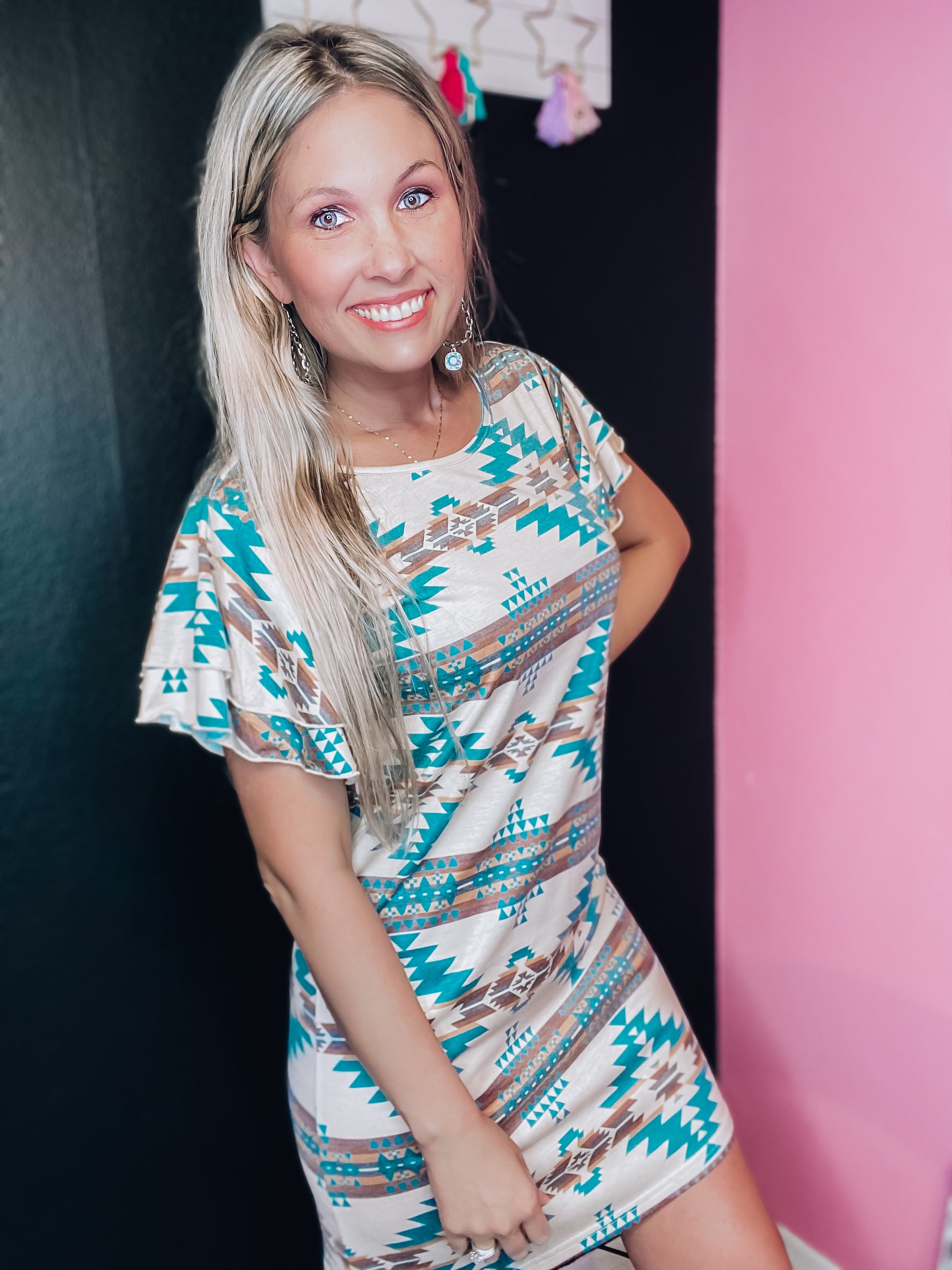 Turquoise & Cream Aztec Flutter Sleeve Dress – The Pink Arrow Boutique