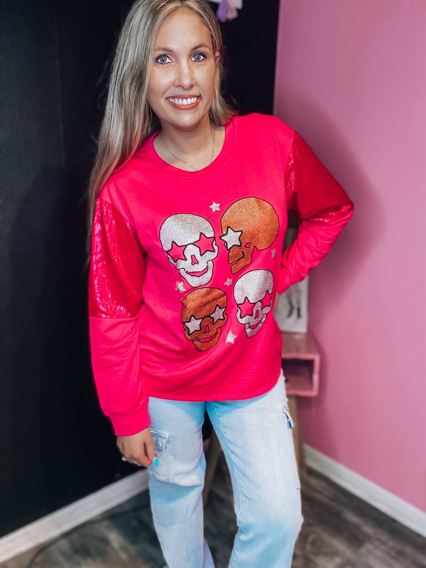 Hot Pink Shiny Skull Longsleeve Top