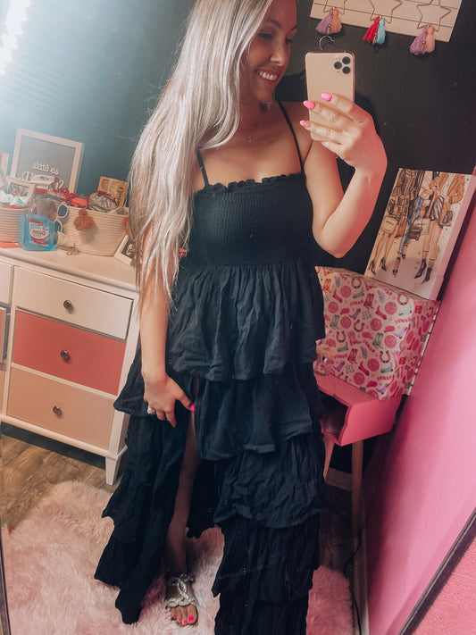 Black Gauze Smocked Top Ruffle Tiered Maxi Dress