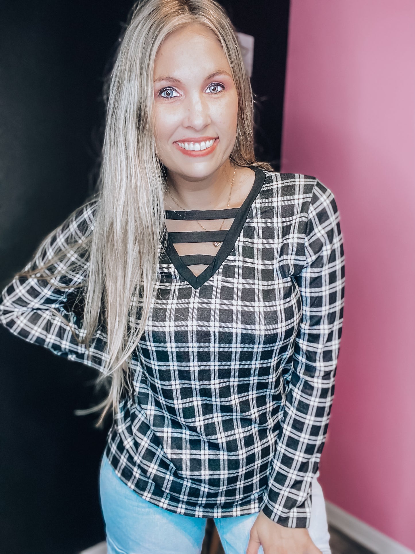 Black Plaid All About Fall Vneck