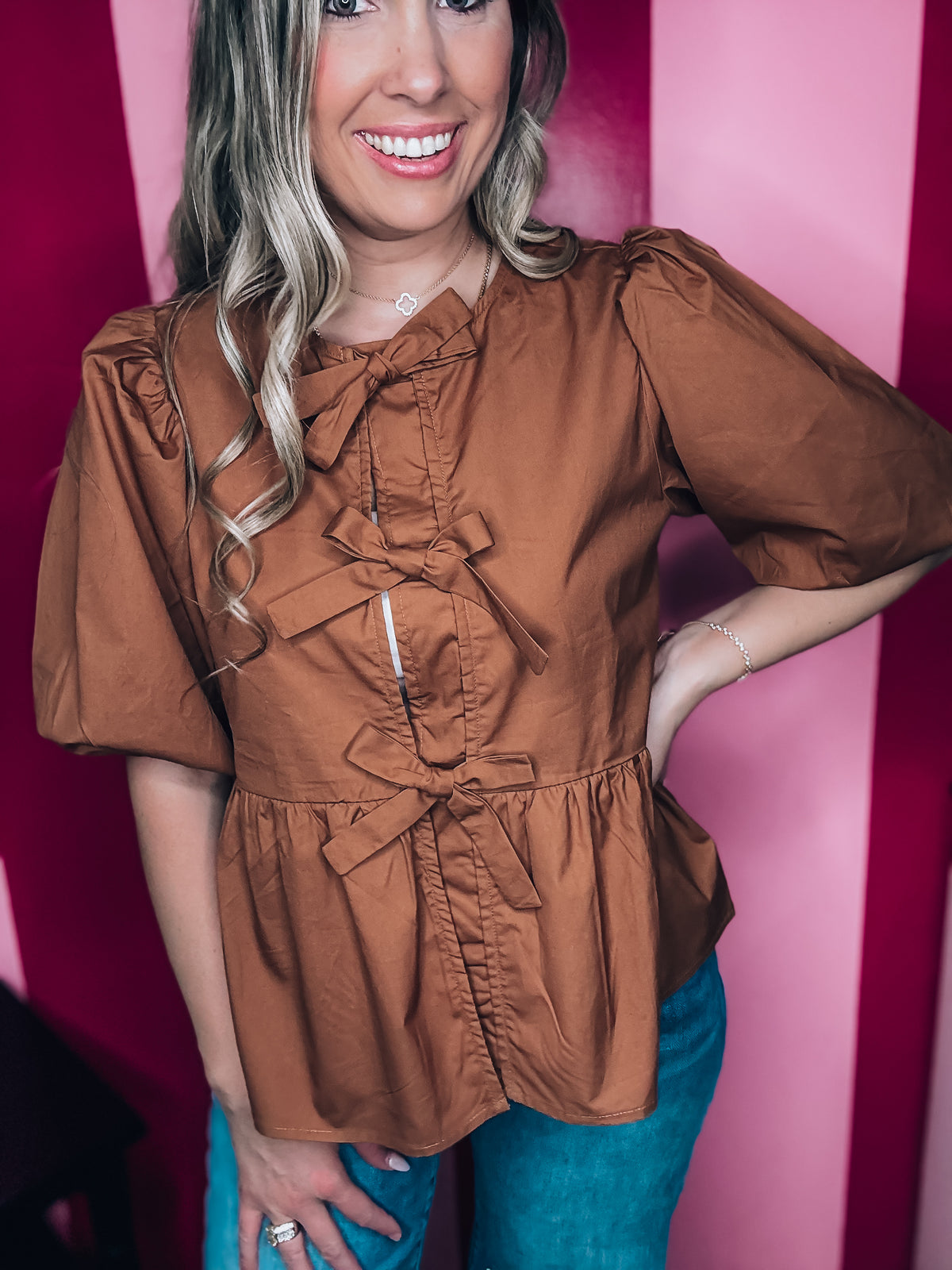 Chestnut Poplin Puff Sleeve Blouse