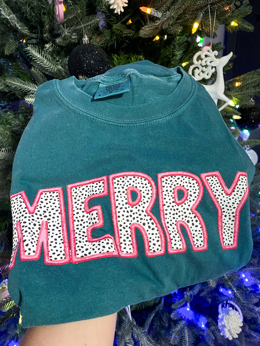 Faux Embroidered Merry Tee - Emerald