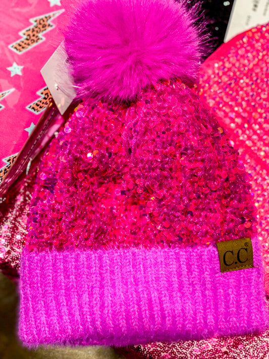 Sequin Pom Beanie - Adult Hot Pink