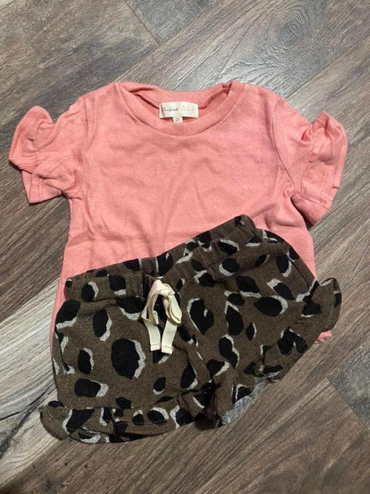 Girls Coral Ruffle & Leopard Shorts set