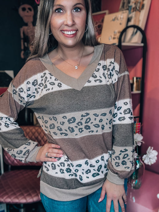 Mocha Cheetah Colorblock Striped Top