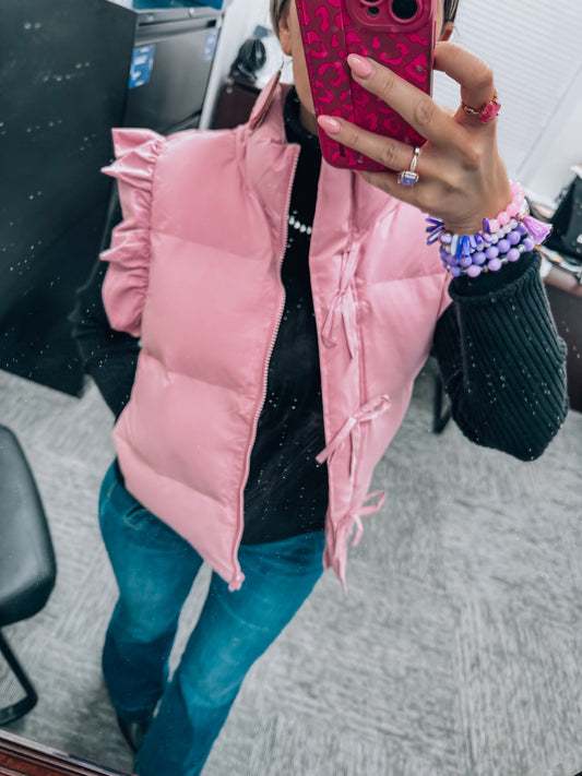 Muave Bow Ruffle Sleeve Puffer Vest
