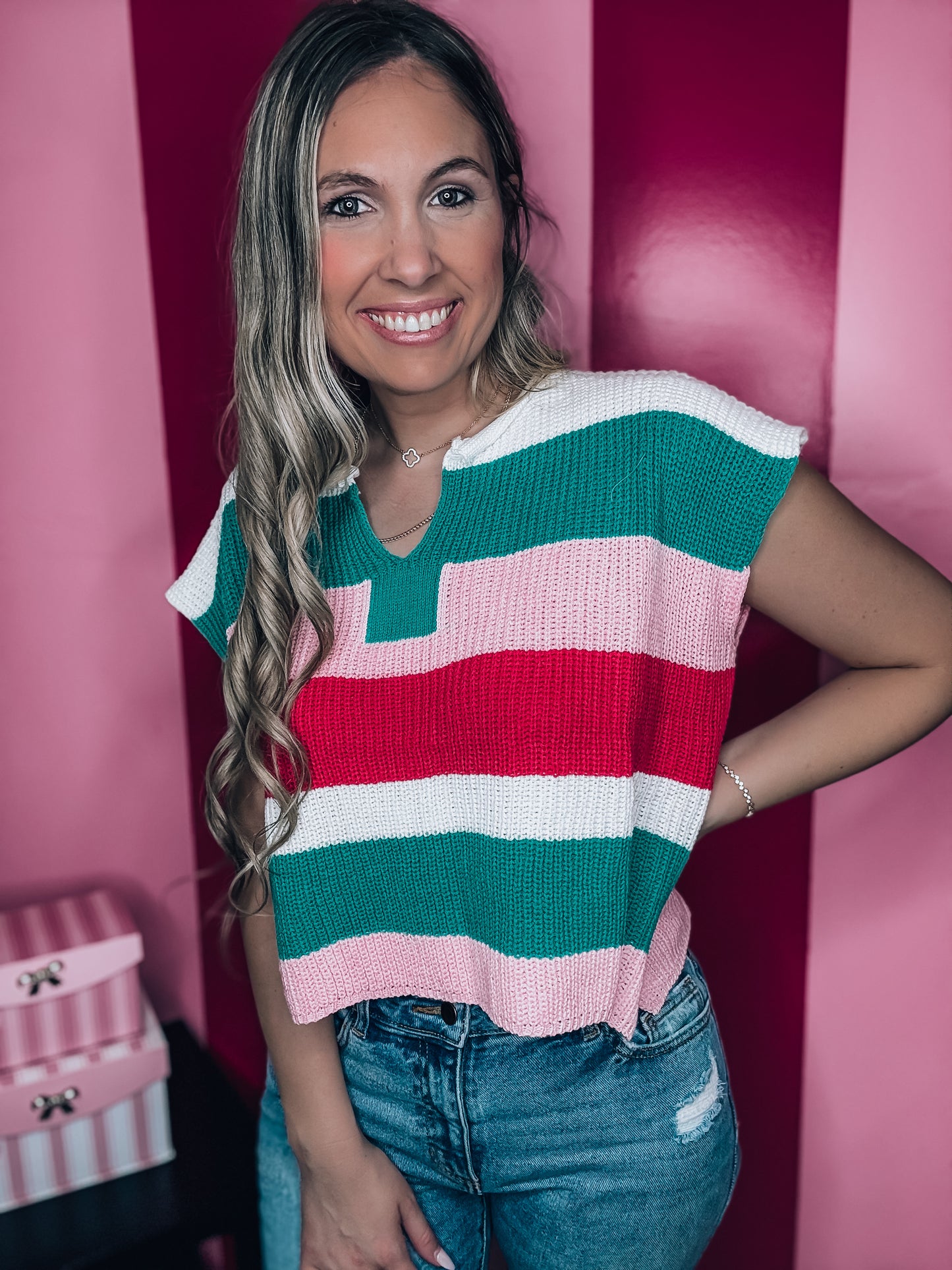 Call Me Jade & Pink Striped Knitted Top