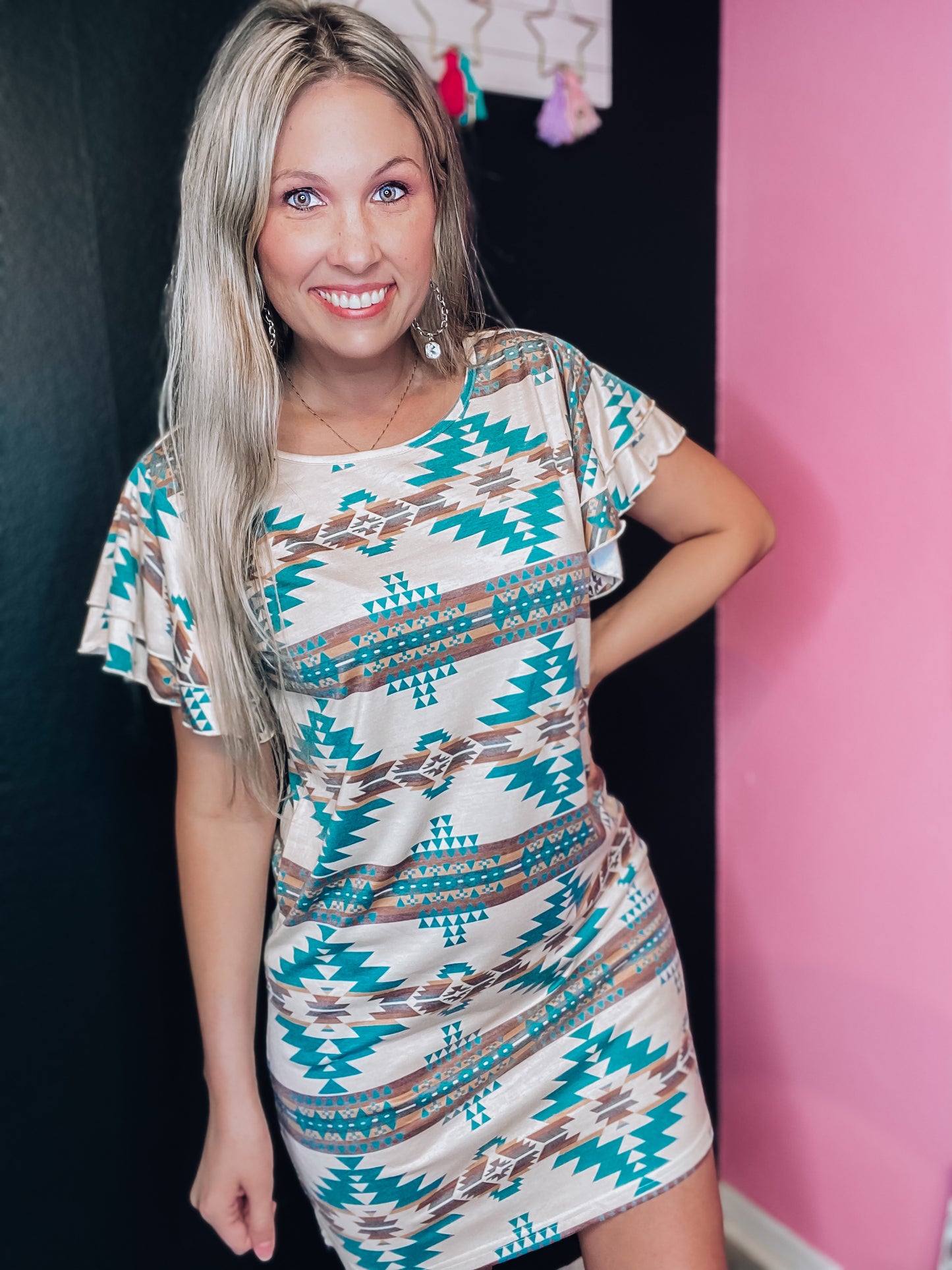 Turquoise & Cream Aztec Flutter Sleeve Dress