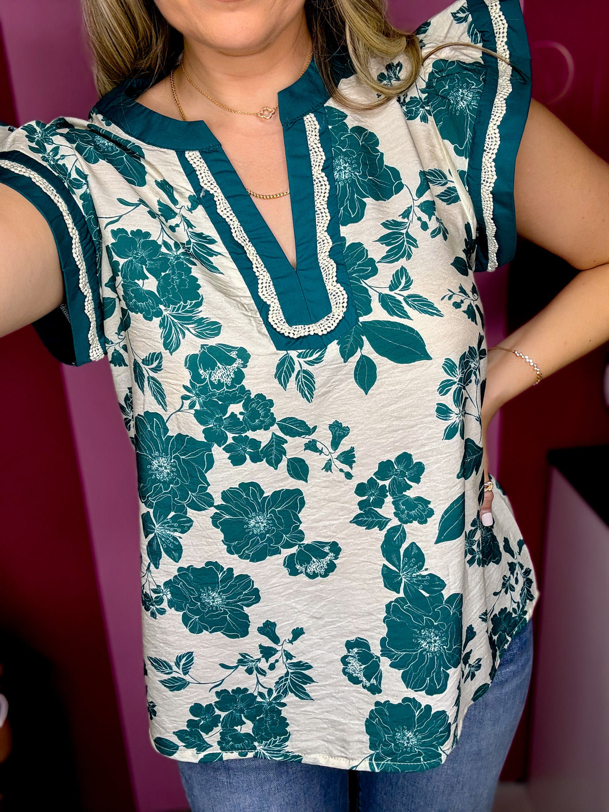 Floral in Teal Ruffle Sleeve Blouse