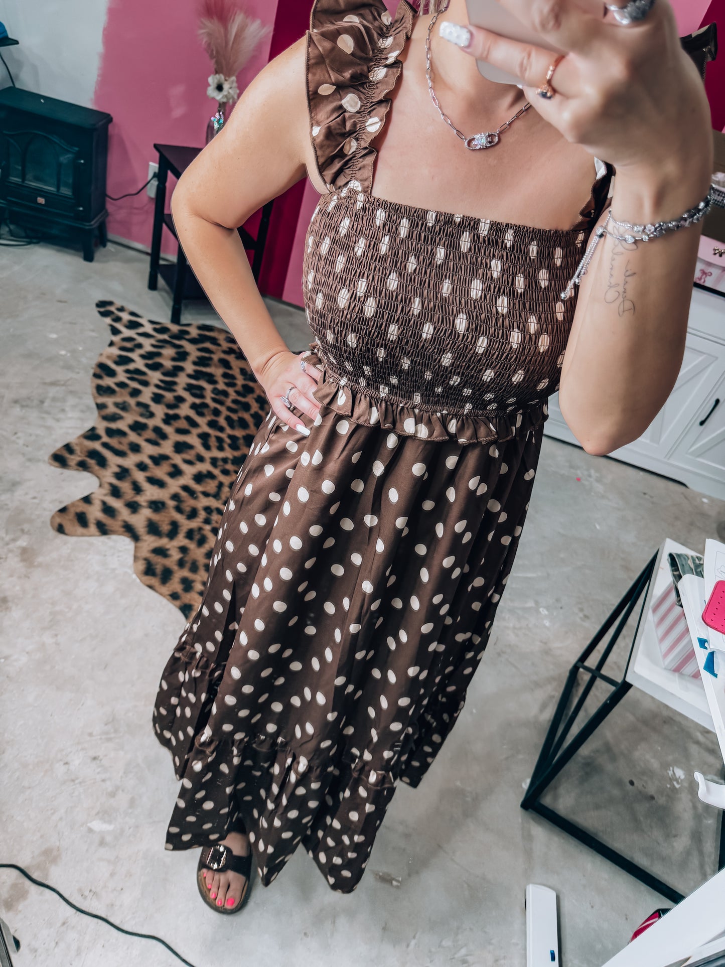 Mocha Polka Dot Dress - The Pink Arrow Boutique
