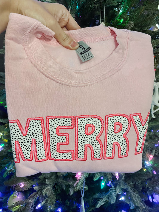Faux Embroidered Merry Dot Crewneck - Pink