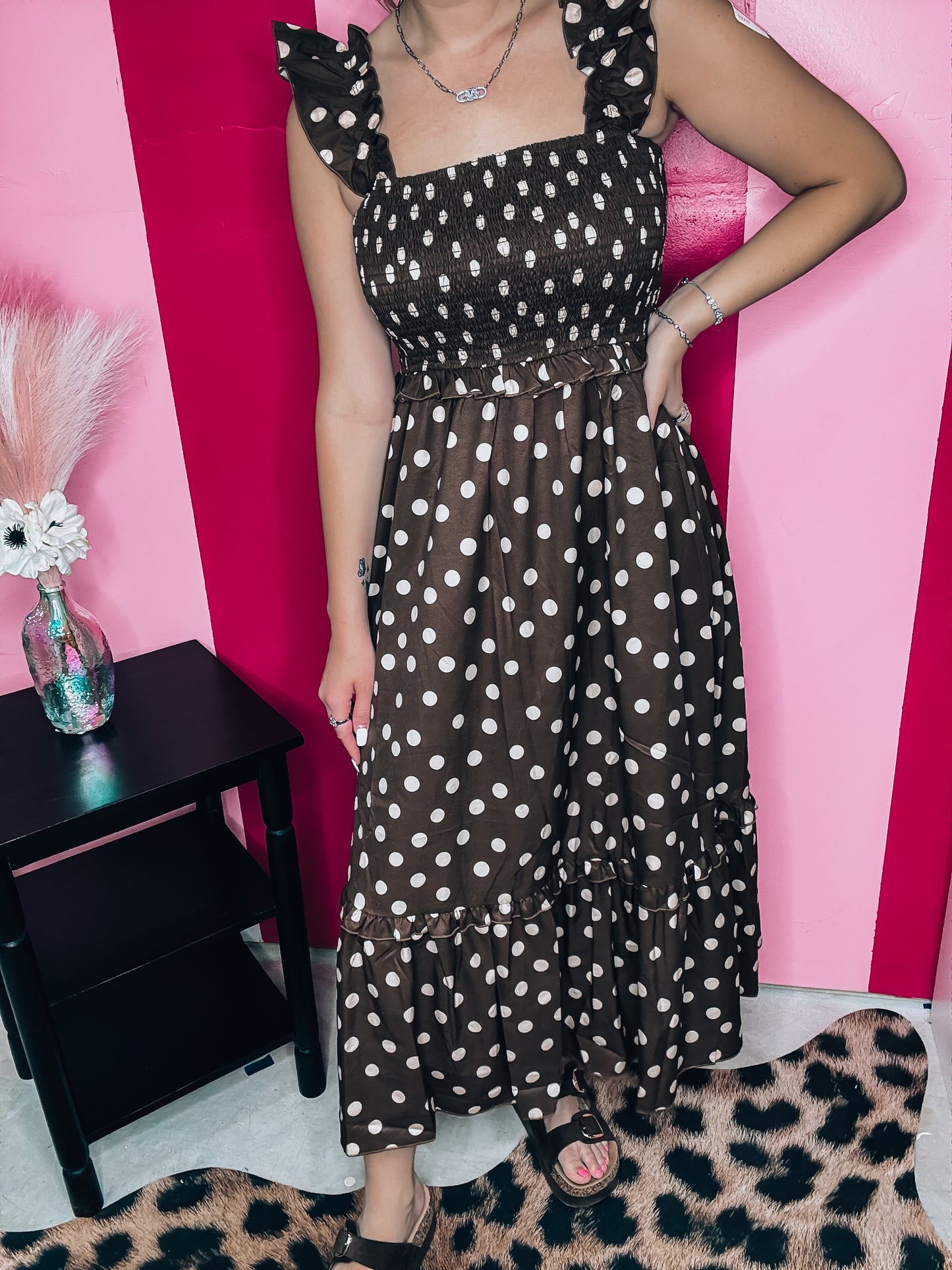 Mocha Polka Dot Dress - The Pink Arrow Boutique
