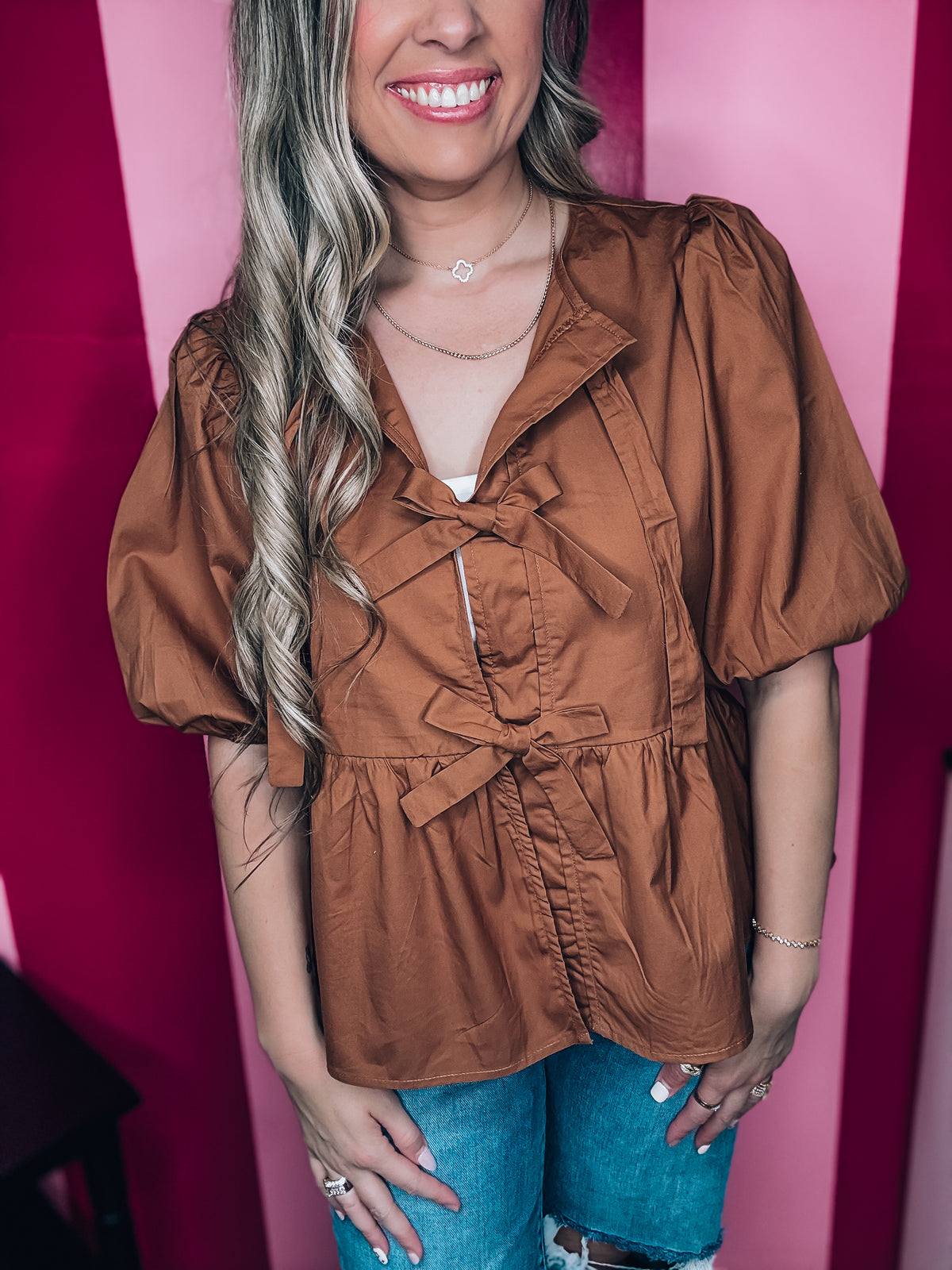 Chestnut Poplin Puff Sleeve Blouse