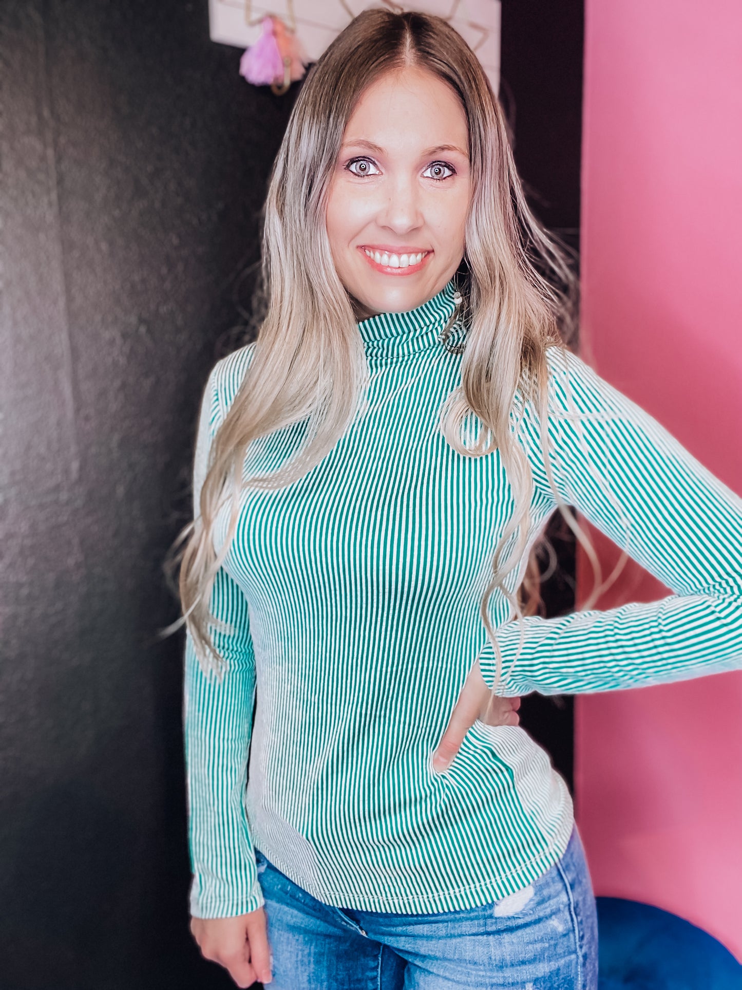 Candy Stripes Ribbed Turtle Neck - Kelly Green