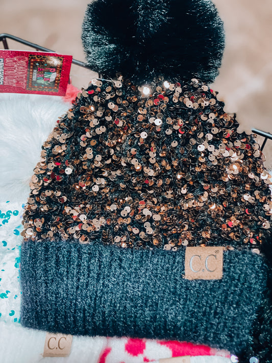 Sequin Pom Beanie - Adult Gold