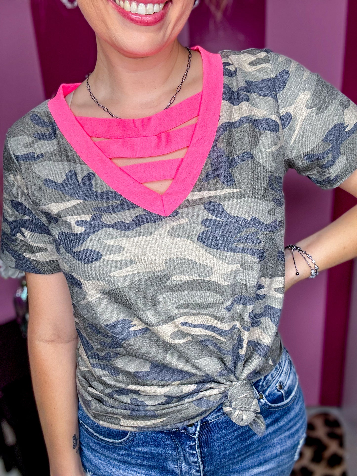 Camo with A Hot Pink Twist Top