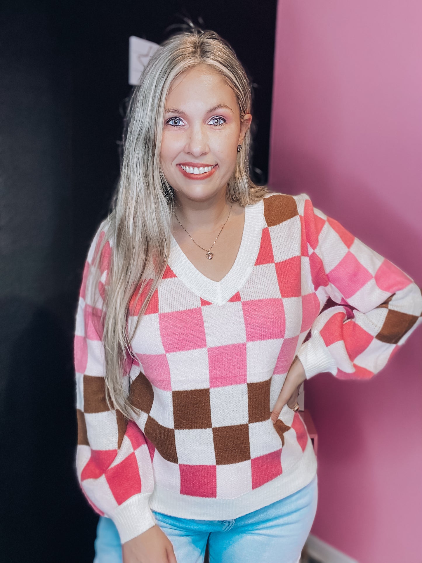 Pink & Tan Checkered Sweater