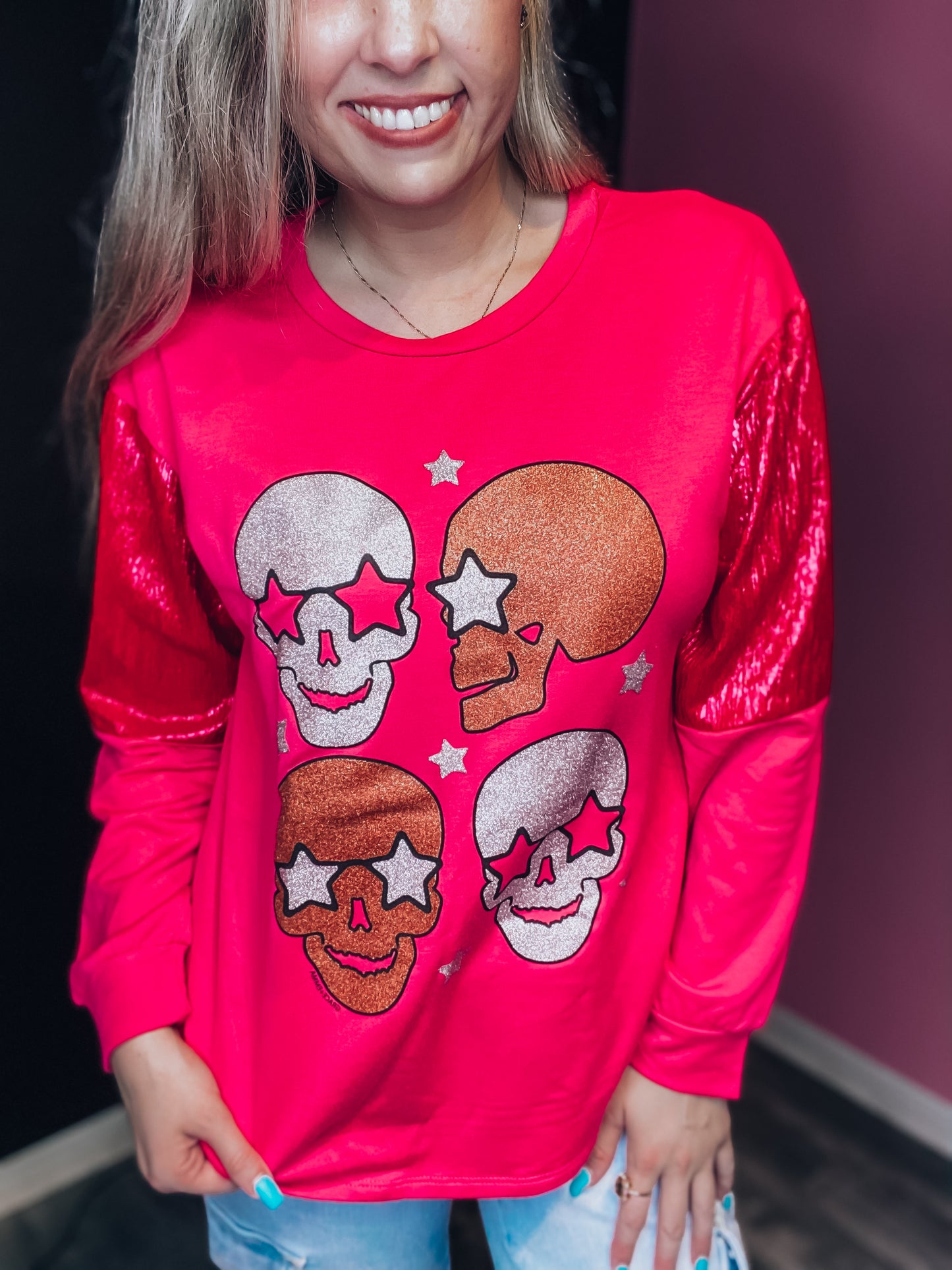 Hot Pink Shiny Skull Longsleeve Top